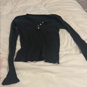 Brandy Melville Black Fitted Bell Sleeve Polo Top